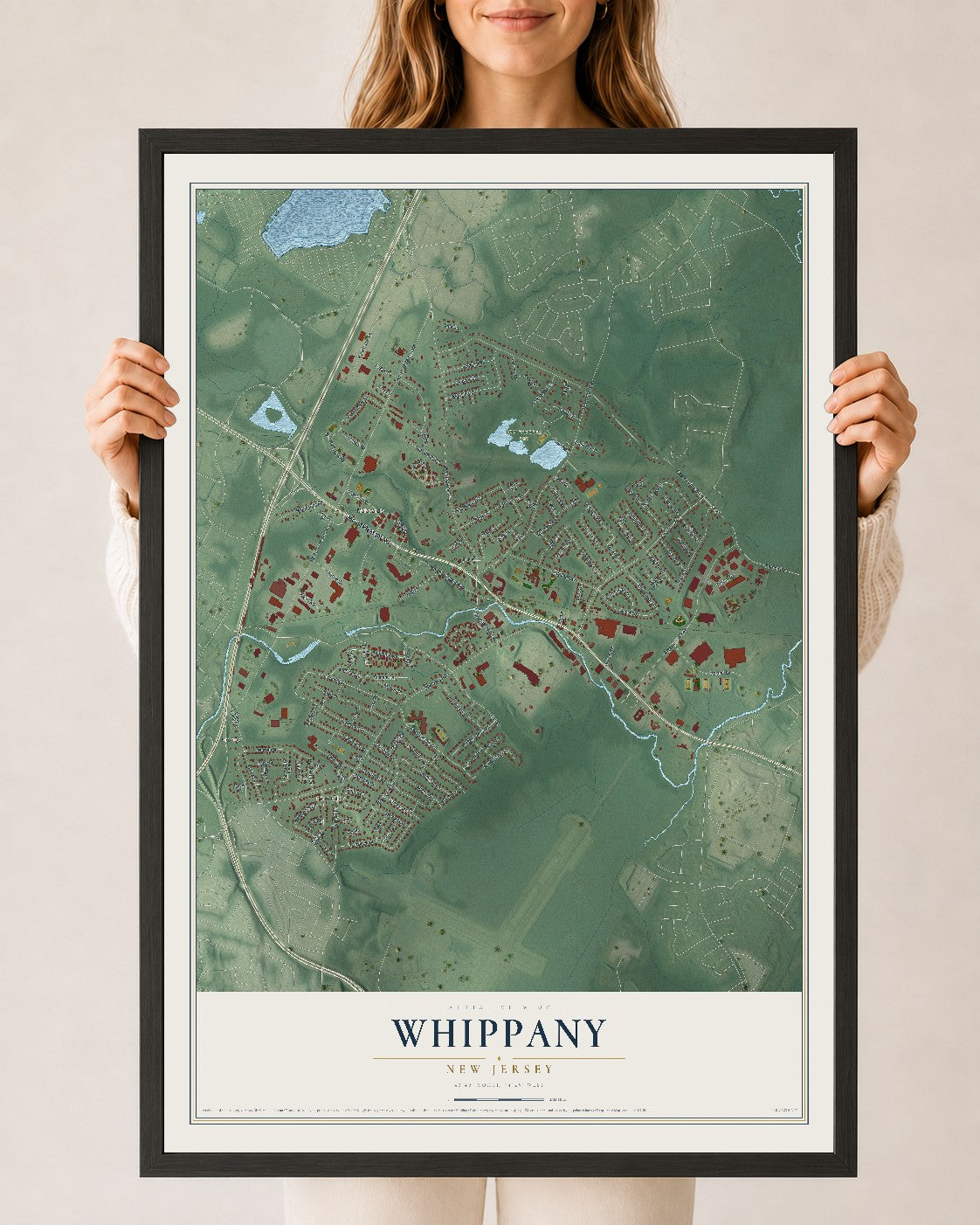 Whippany, New Jersey map print, 24" x 36" W/ Black Ayous Wood Frame mockup
