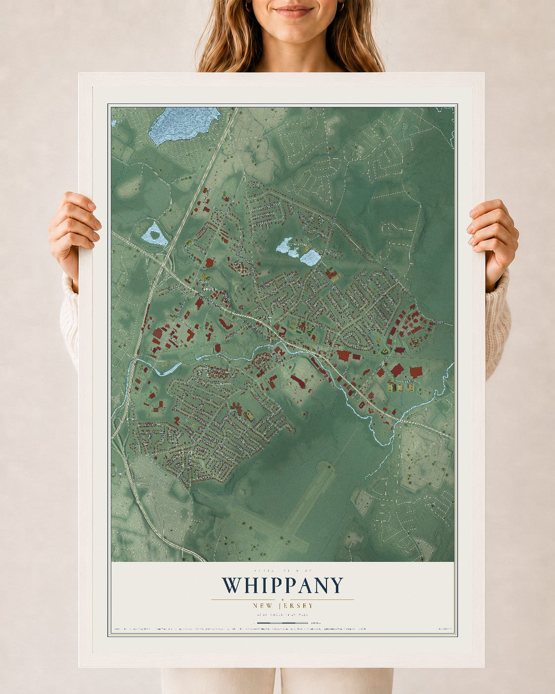 Whippany, New Jersey map print, 24" x 36" W/ White Ayous Wood Frame mockup