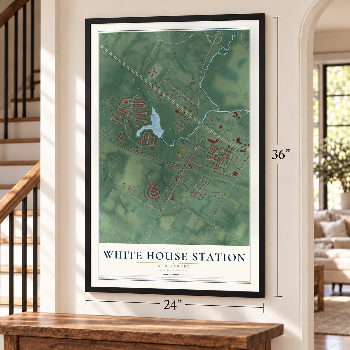 White House Station, New Jersey map, 24 x 36 inch print in a black frame by a staircase