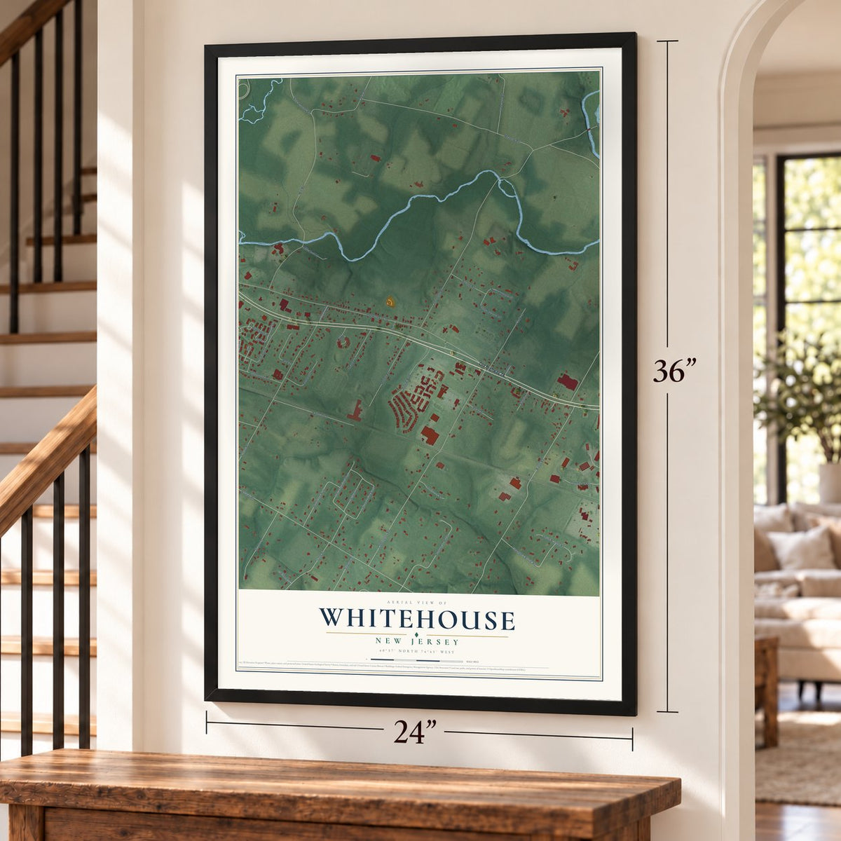 Whitehouse, New Jersey map, 24 x 36 inch print in a black frame by a staircase