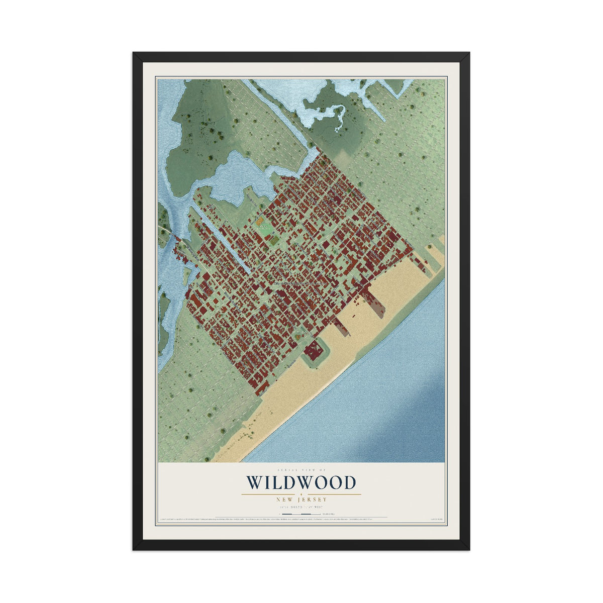 Wildwood, New Jersey map print, 12" x 18" W/ Black Ayous Wood Frame mockup