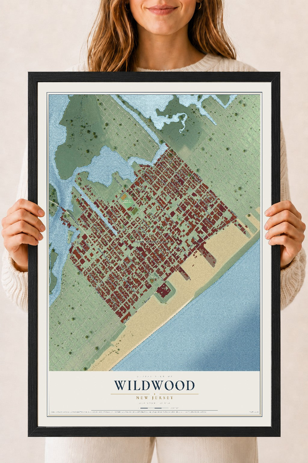 Wildwood, New Jersey map print, 18" x 24" W/ Black Ayous Wood Frame mockup