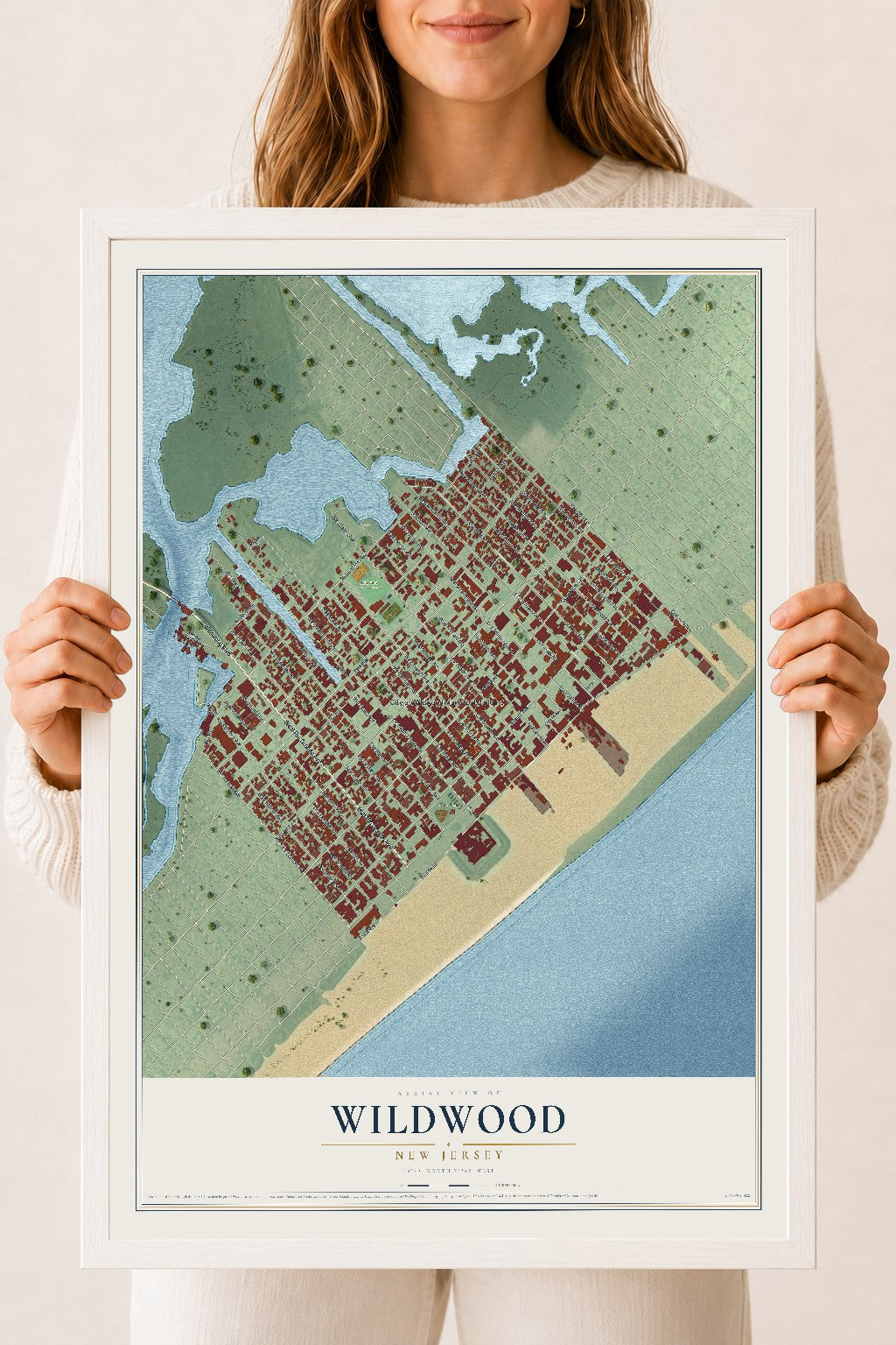 Wildwood, New Jersey map print, 18" x 24" W/ White Ayous Wood Frame mockup