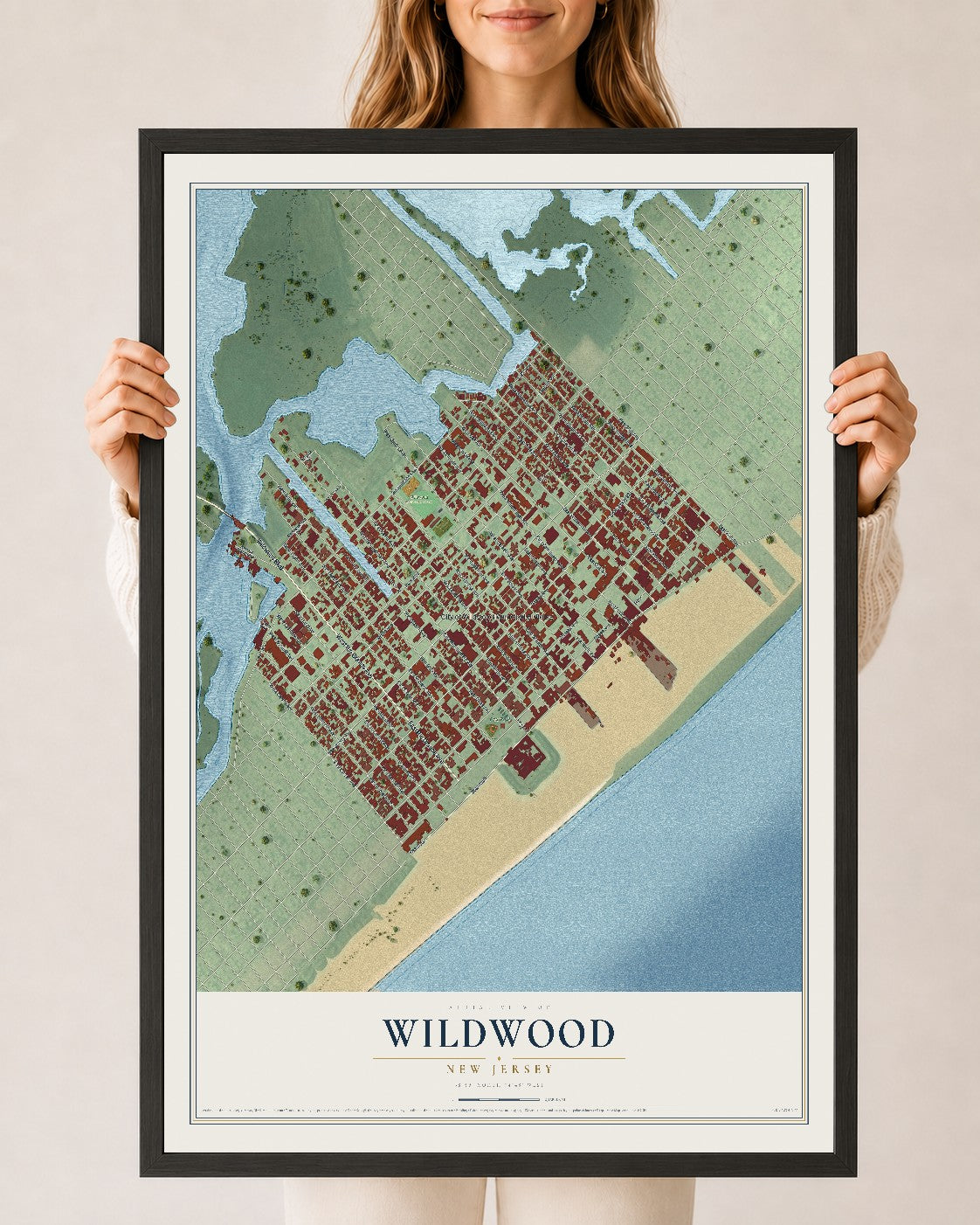 Wildwood, New Jersey map print, 24" x 36" W/ Black Ayous Wood Frame mockup