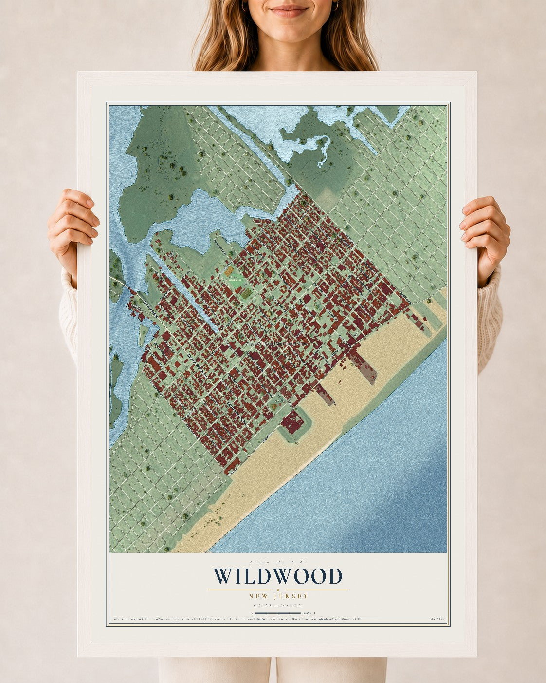 Wildwood, New Jersey map print, 24" x 36" W/ White Ayous Wood Frame mockup