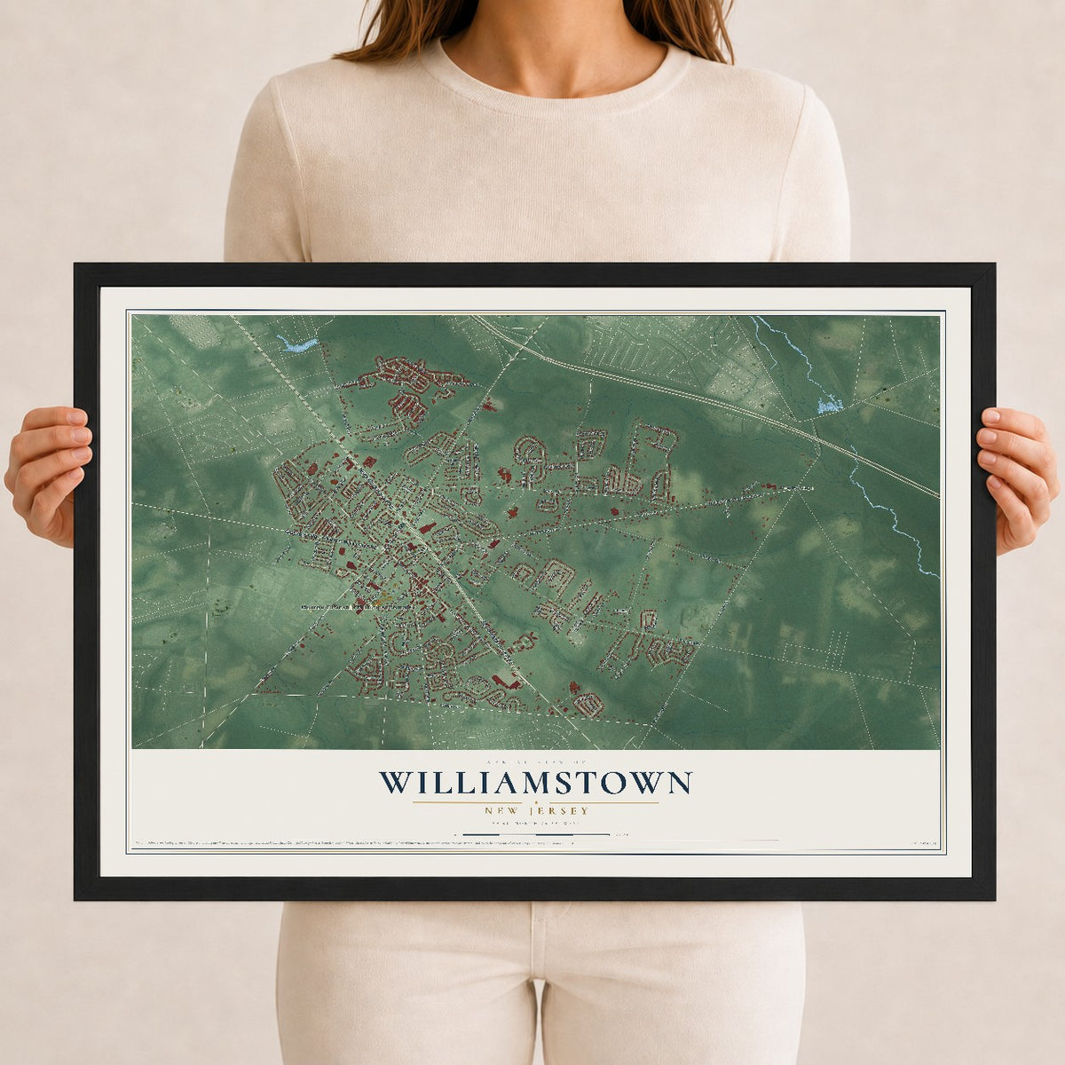 Williamstown, New Jersey map print, 12" x 18" W/ Black Ayous Wood Frame mockup