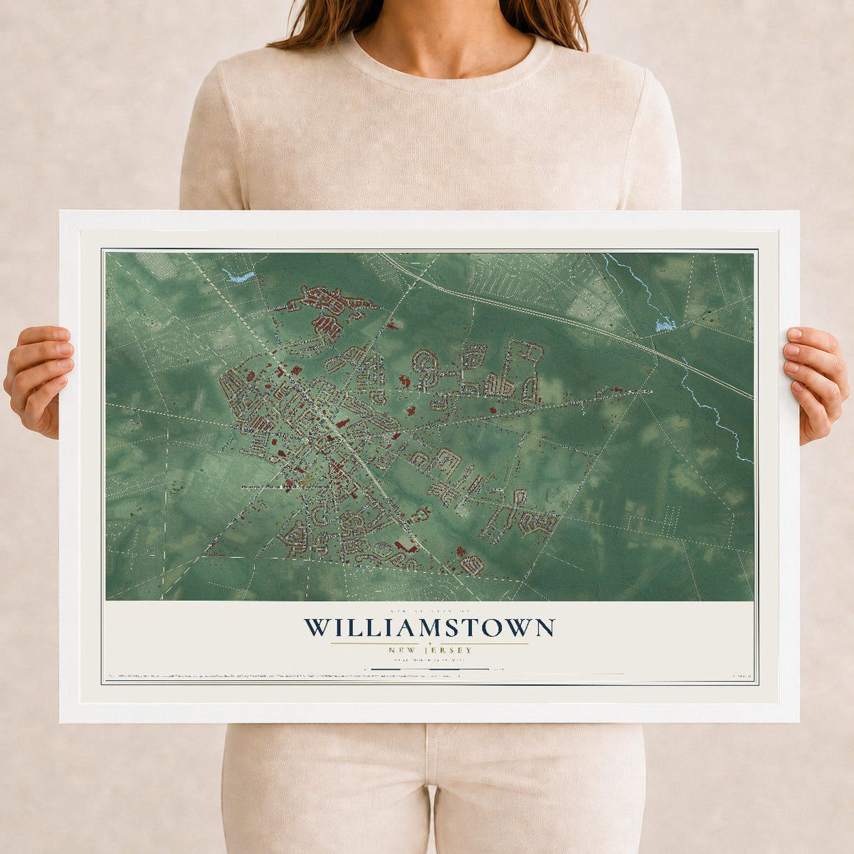 Williamstown, New Jersey map print, 12" x 18" W/ White Ayous Wood Frame mockup