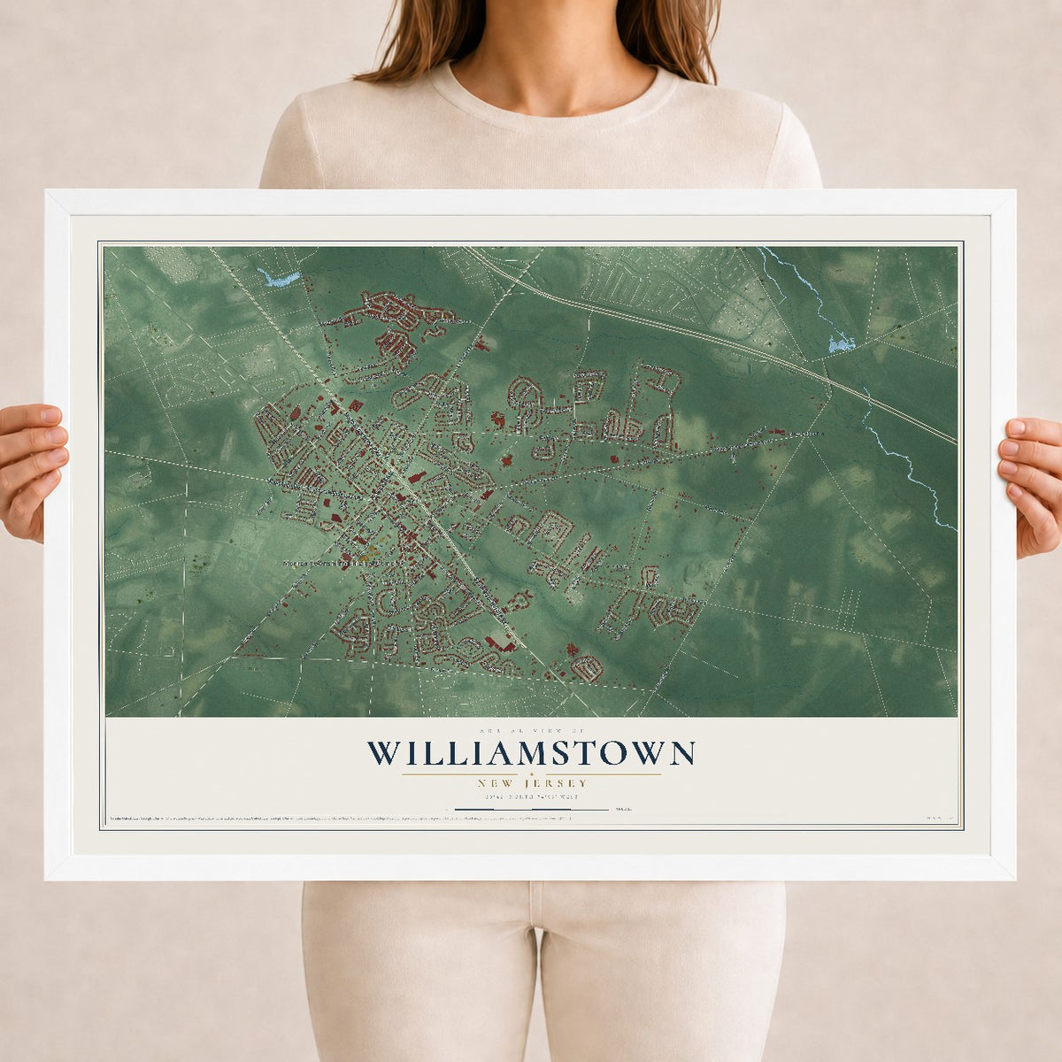 Williamstown, New Jersey map print, 18" x 24" W/ White Ayous Wood Frame mockup