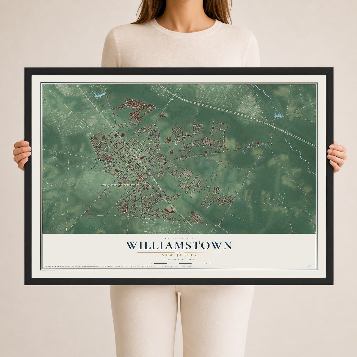 Williamstown, New Jersey map print, 24" x 36" W/ Black Ayous Wood Frame mockup