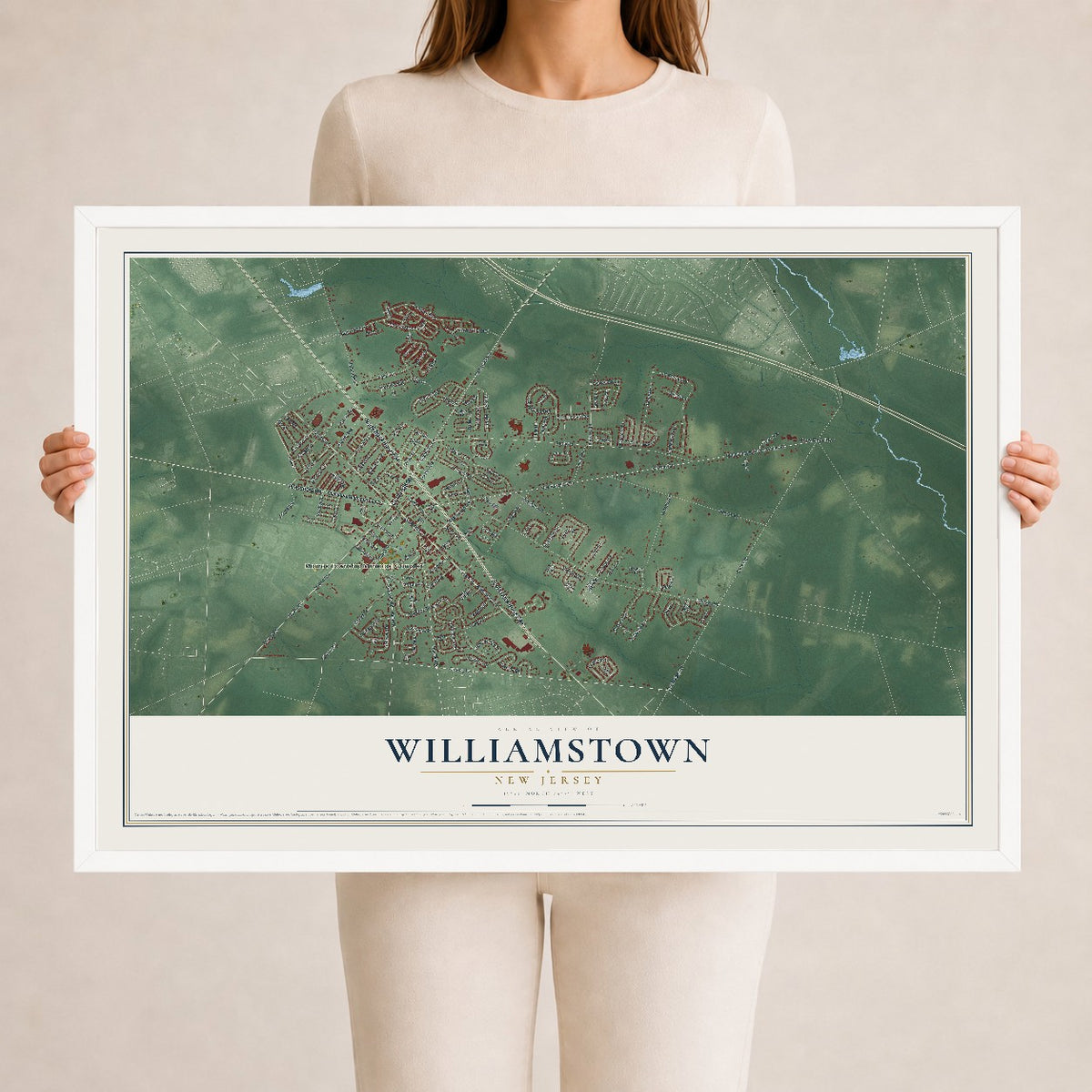 Williamstown, New Jersey map print, 24" x 36" W/ White Ayous Wood Frame mockup