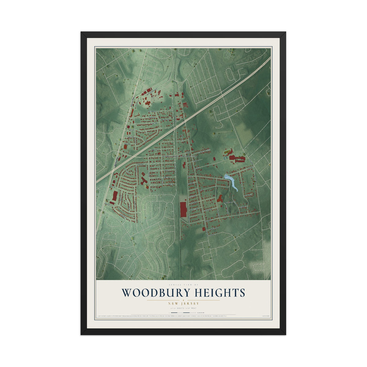 Woodbury Heights, New Jersey map print, 12" x 18" W/ Black Ayous Wood Frame mockup