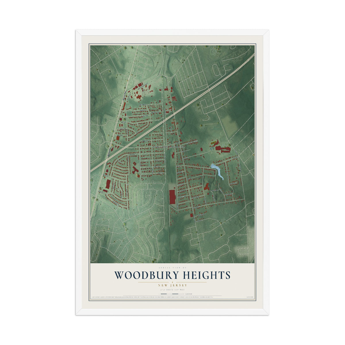Woodbury Heights, New Jersey map print, 12" x 18" W/ White Ayous Wood Frame mockup