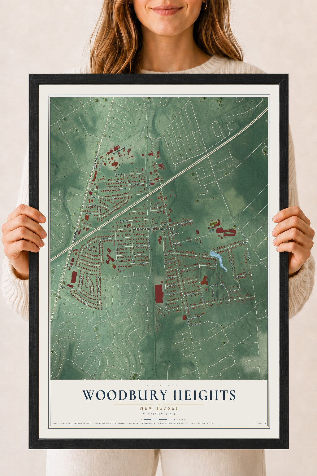 Woodbury Heights, New Jersey map print, 18" x 24" W/ Black Ayous Wood Frame mockup