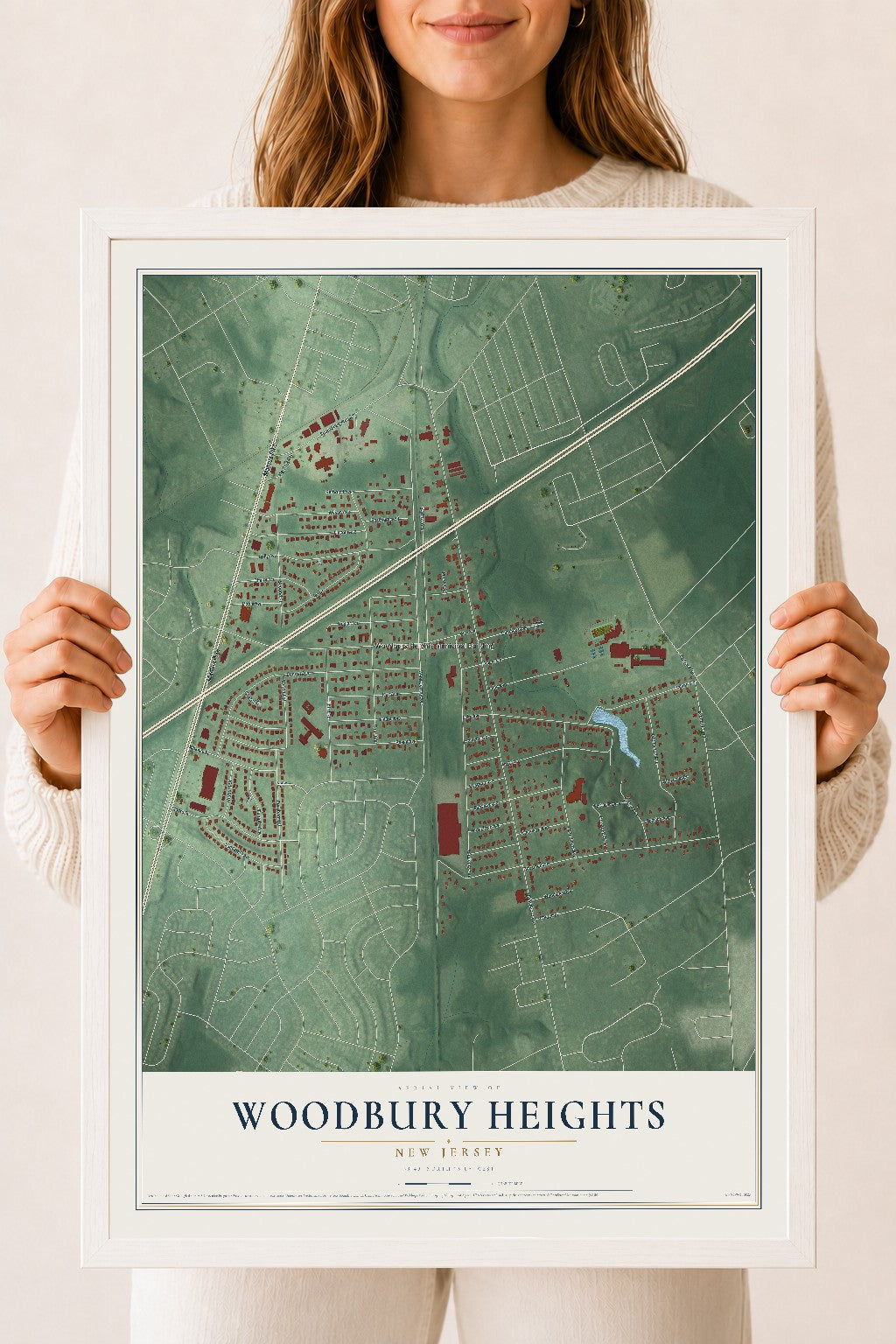 Woodbury Heights, New Jersey map print, 18" x 24" W/ White Ayous Wood Frame mockup
