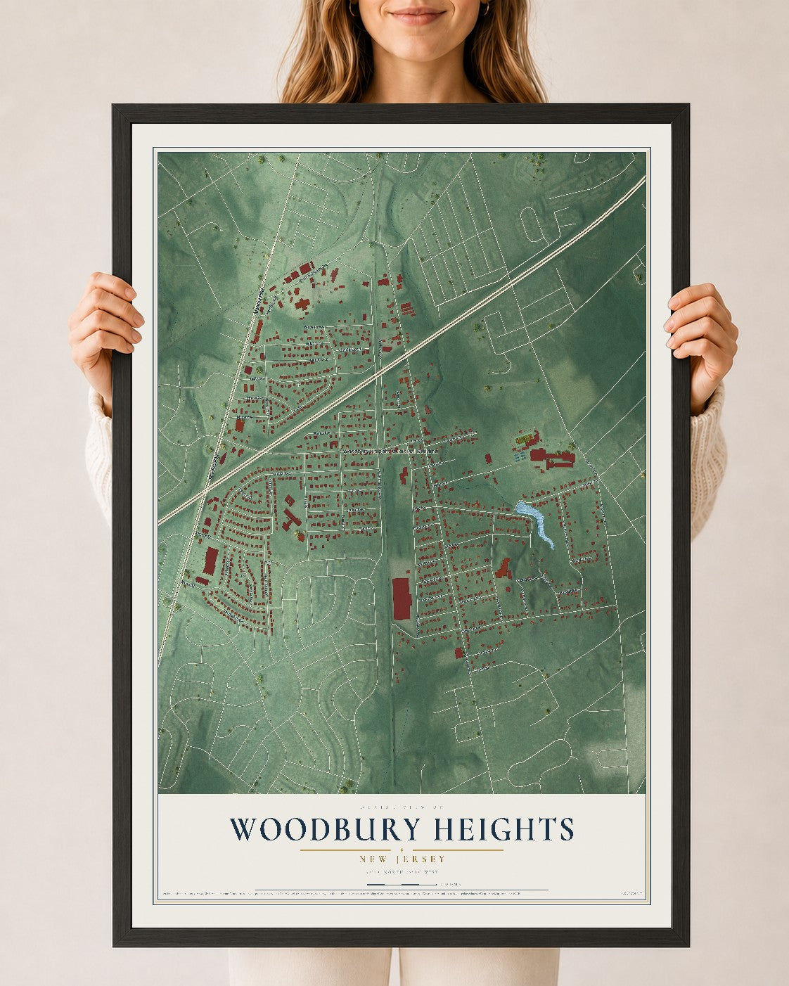 Woodbury Heights, New Jersey map print, 24" x 36" W/ Black Ayous Wood Frame mockup