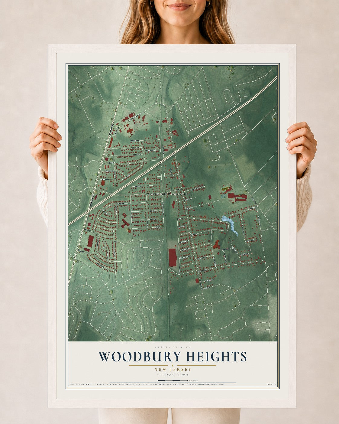 Woodbury Heights, New Jersey map print, 24" x 36" W/ White Ayous Wood Frame mockup