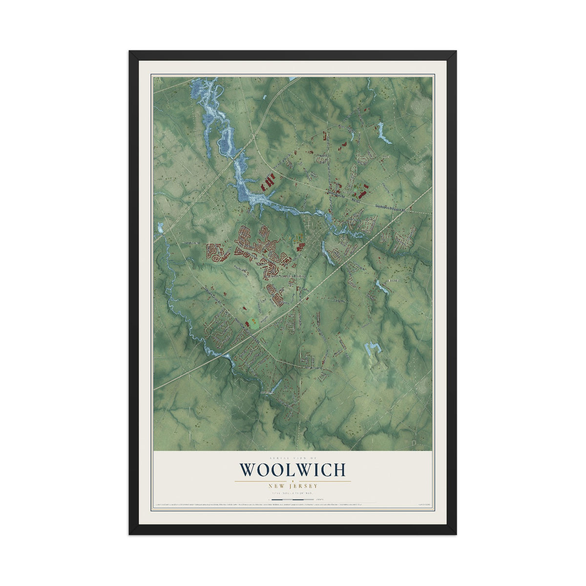 Woolwich, New Jersey map print, 12" x 18" W/ Black Ayous Wood Frame mockup