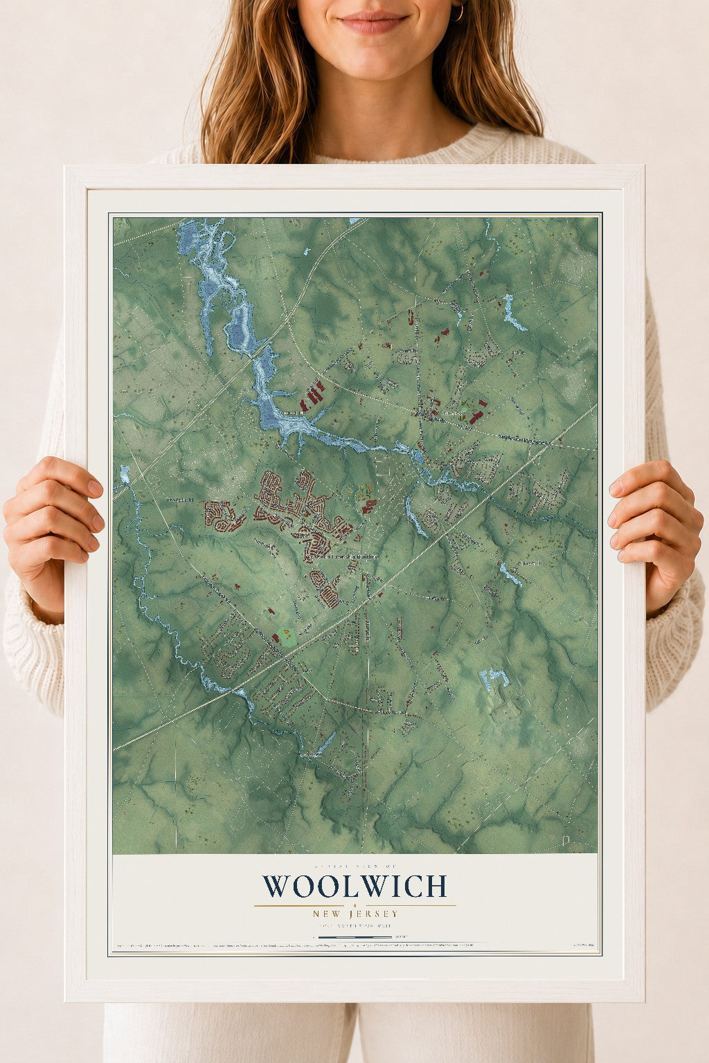 Woolwich, New Jersey map print, 18" x 24" W/ White Ayous Wood Frame mockup
