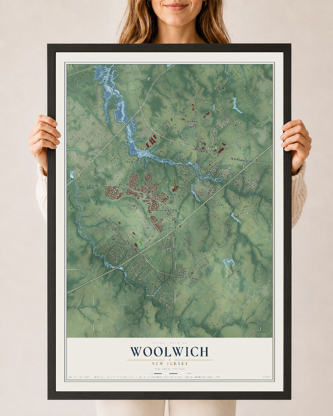 Woolwich, New Jersey map print, 24" x 36" W/ Black Ayous Wood Frame mockup