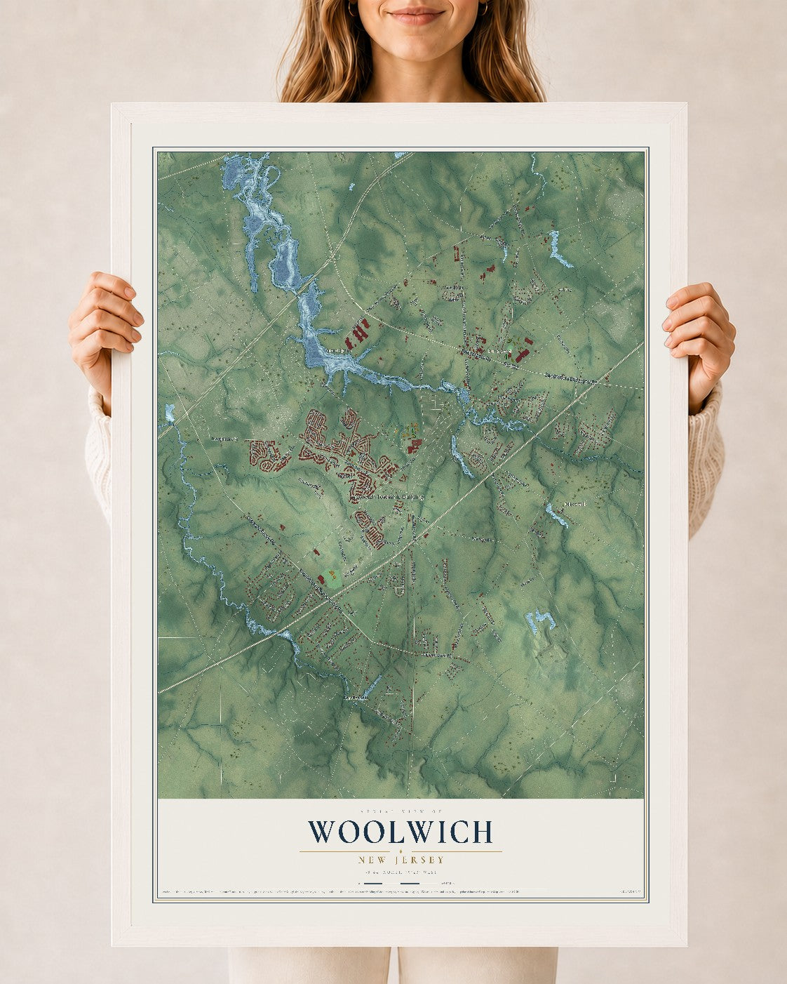 Woolwich, New Jersey map print, 24" x 36" W/ White Ayous Wood Frame mockup