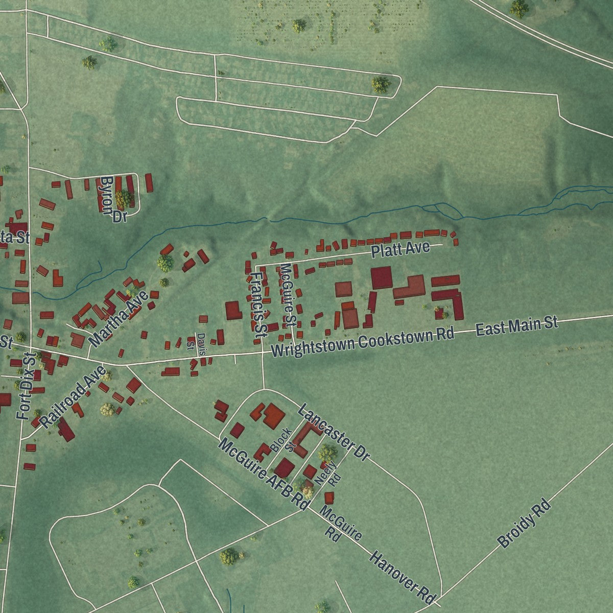 Close-up 1 of the Wrightstown, New Jersey map artwork