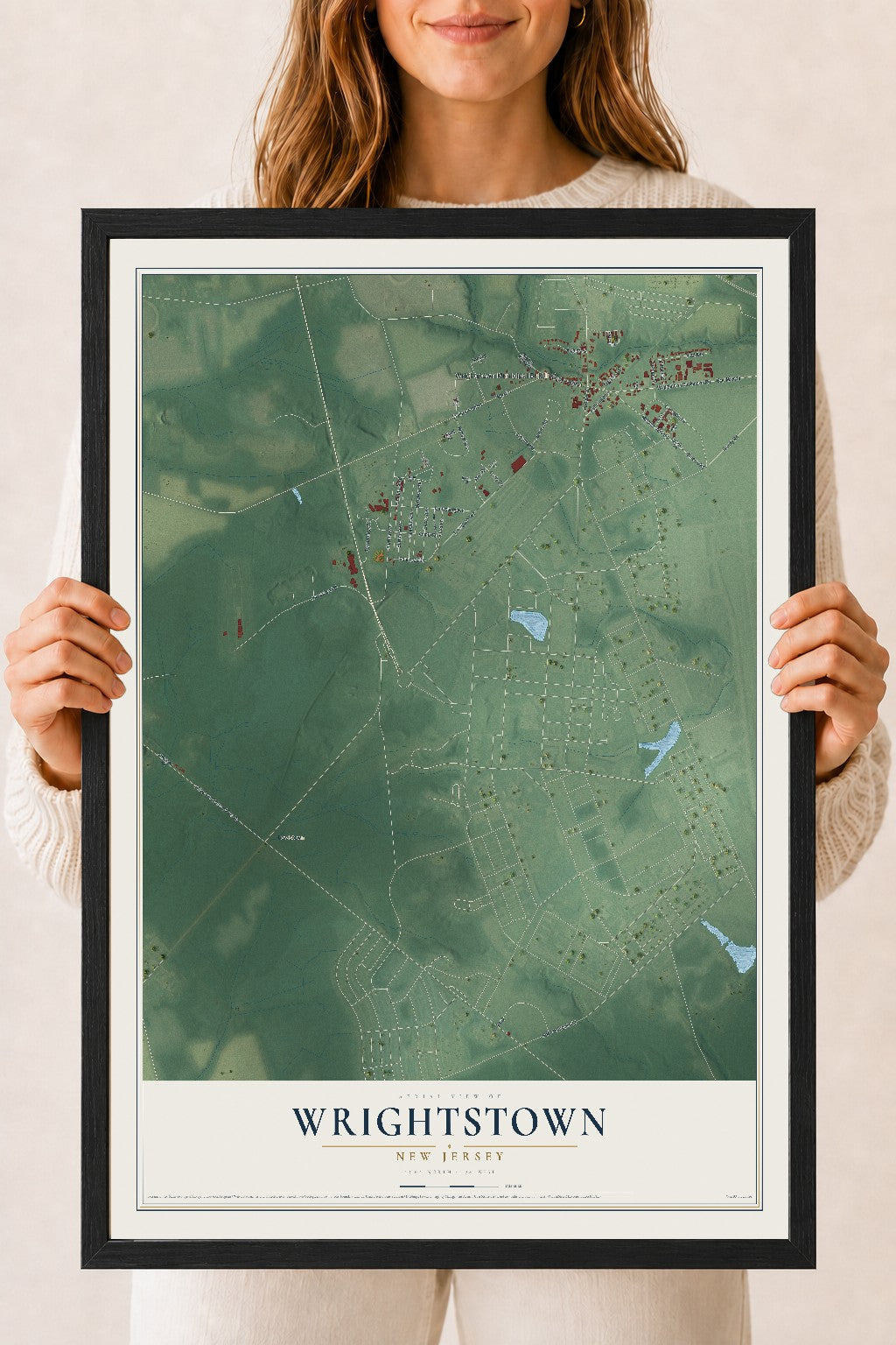 Wrightstown, New Jersey map print, 18" x 24" W/ Black Ayous Wood Frame mockup