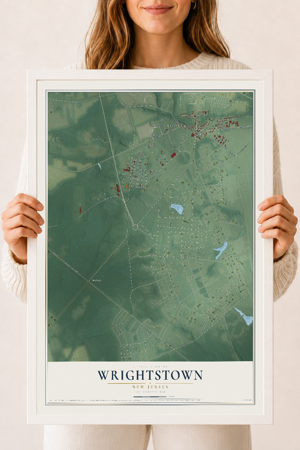 Wrightstown, New Jersey map print, 18" x 24" W/ White Ayous Wood Frame mockup