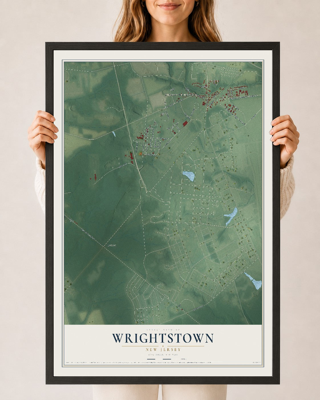 Wrightstown, New Jersey map print, 24" x 36" W/ Black Ayous Wood Frame mockup