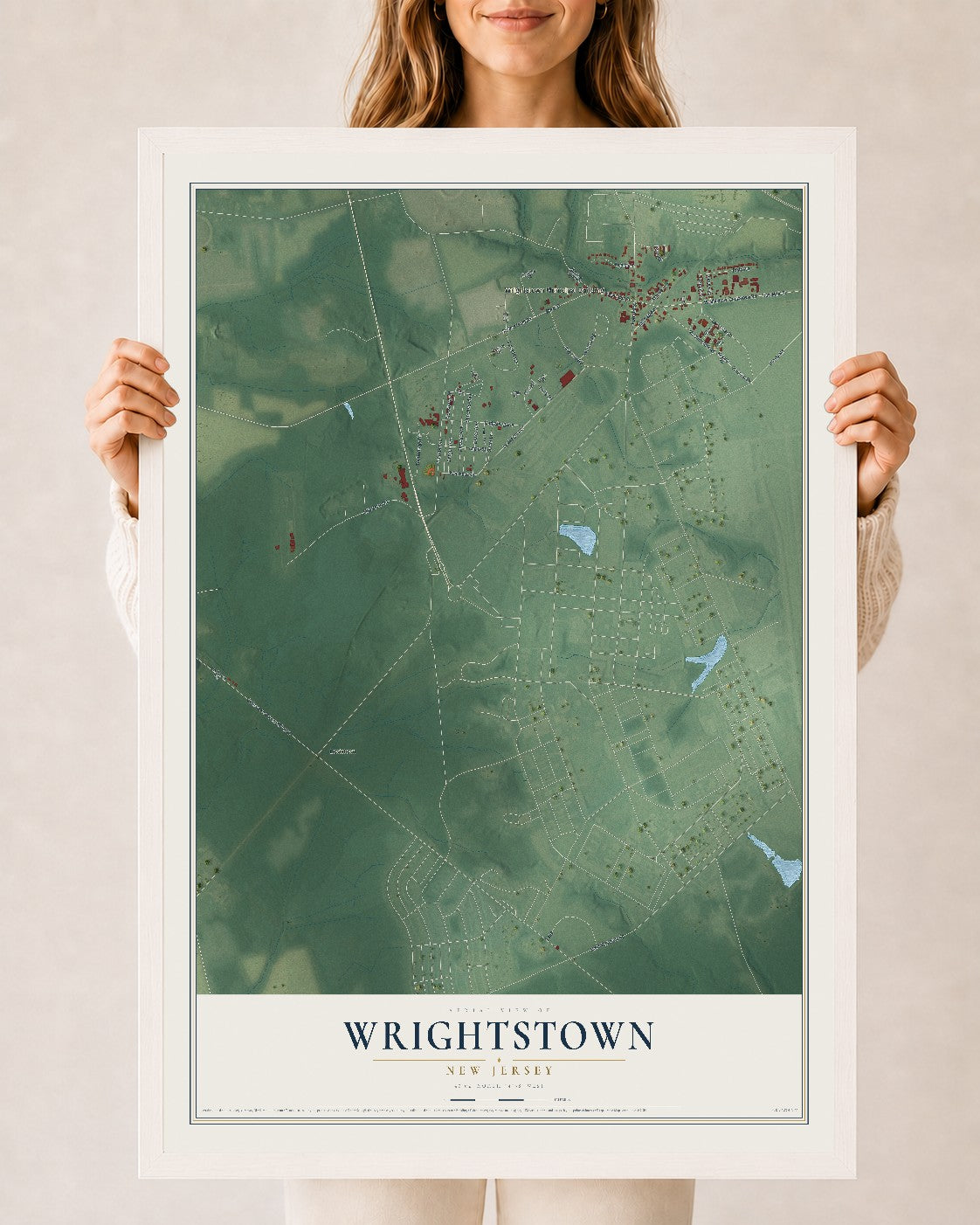 Wrightstown, New Jersey map print, 24" x 36" W/ White Ayous Wood Frame mockup