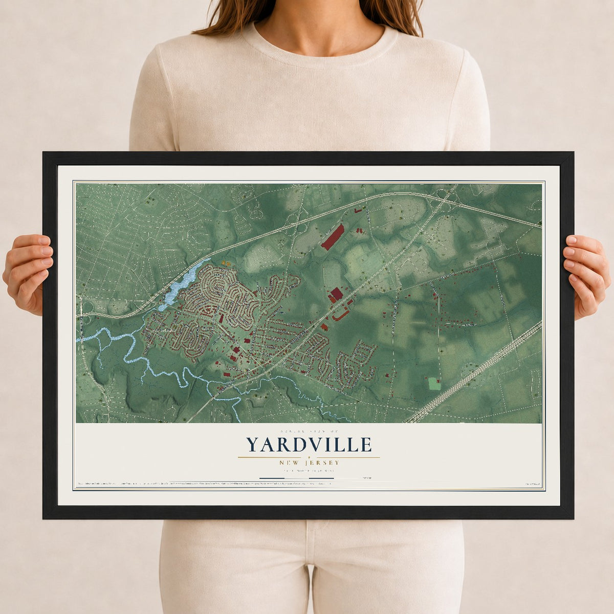 Yardville, New Jersey map print, 12" x 18" W/ Black Ayous Wood Frame mockup