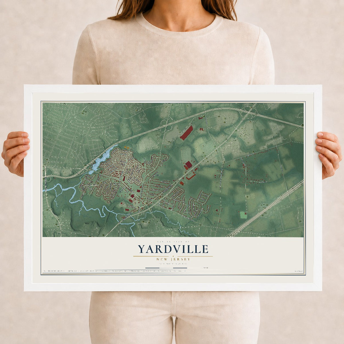 Yardville, New Jersey map print, 12" x 18" W/ White Ayous Wood Frame mockup