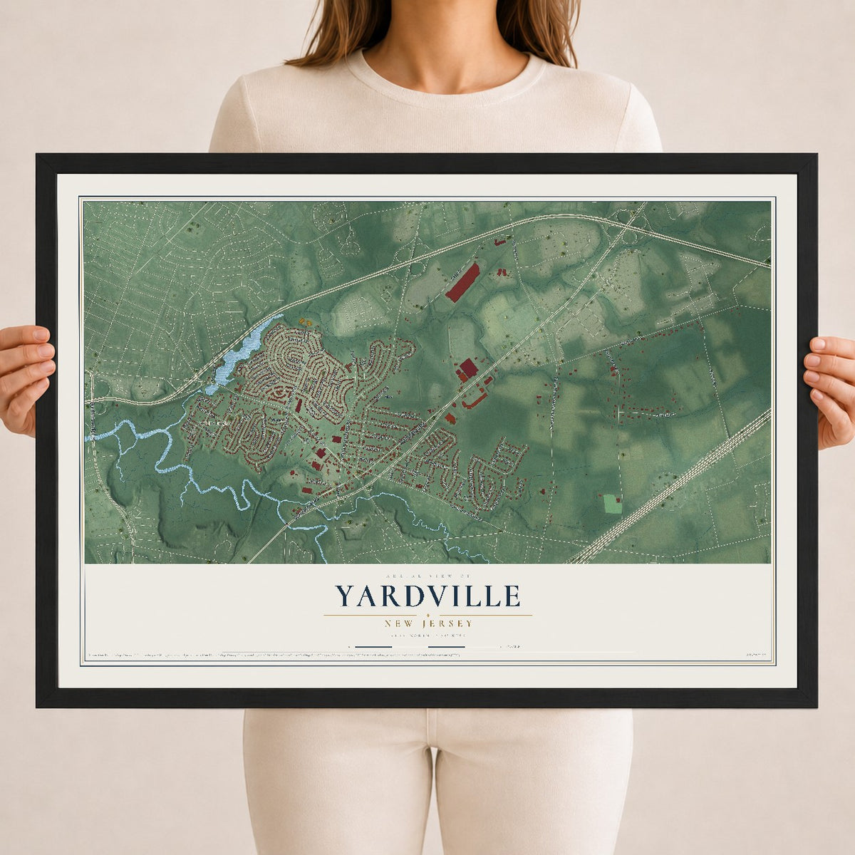 Yardville, New Jersey map print, 18" x 24" W/ Black Ayous Wood Frame mockup