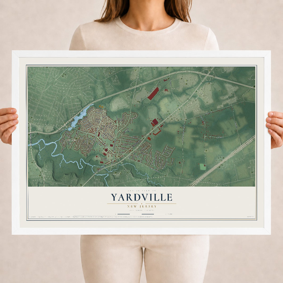 Yardville, New Jersey map print, 18" x 24" W/ White Ayous Wood Frame mockup