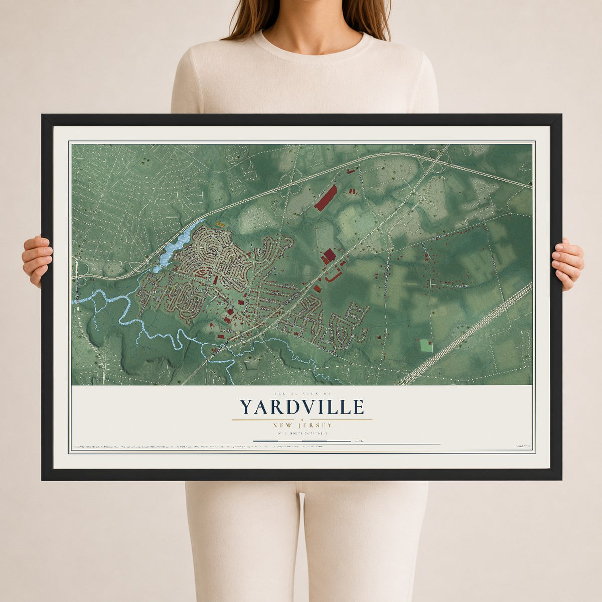 Yardville, New Jersey map print, 24" x 36" W/ Black Ayous Wood Frame mockup