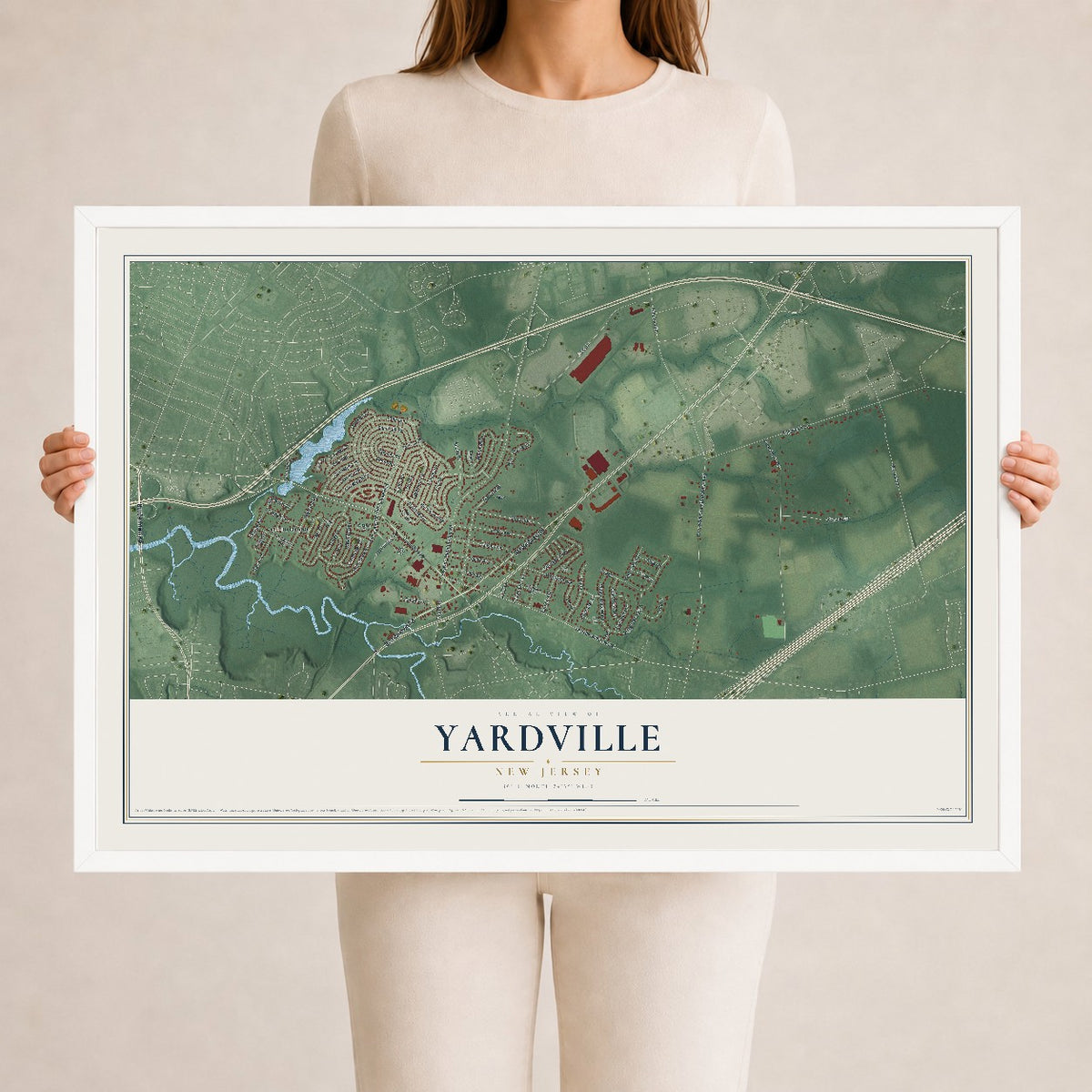 Yardville, New Jersey map print, 24" x 36" W/ White Ayous Wood Frame mockup