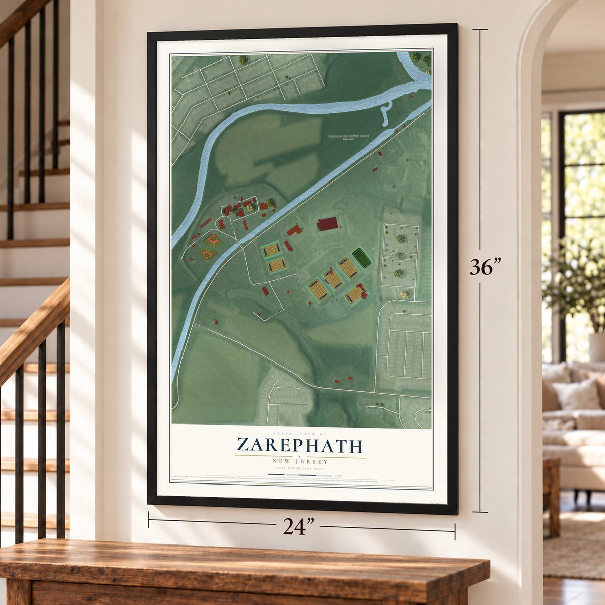 Zarephath, New Jersey map, 24 x 36 inch print in a black frame by a staircase