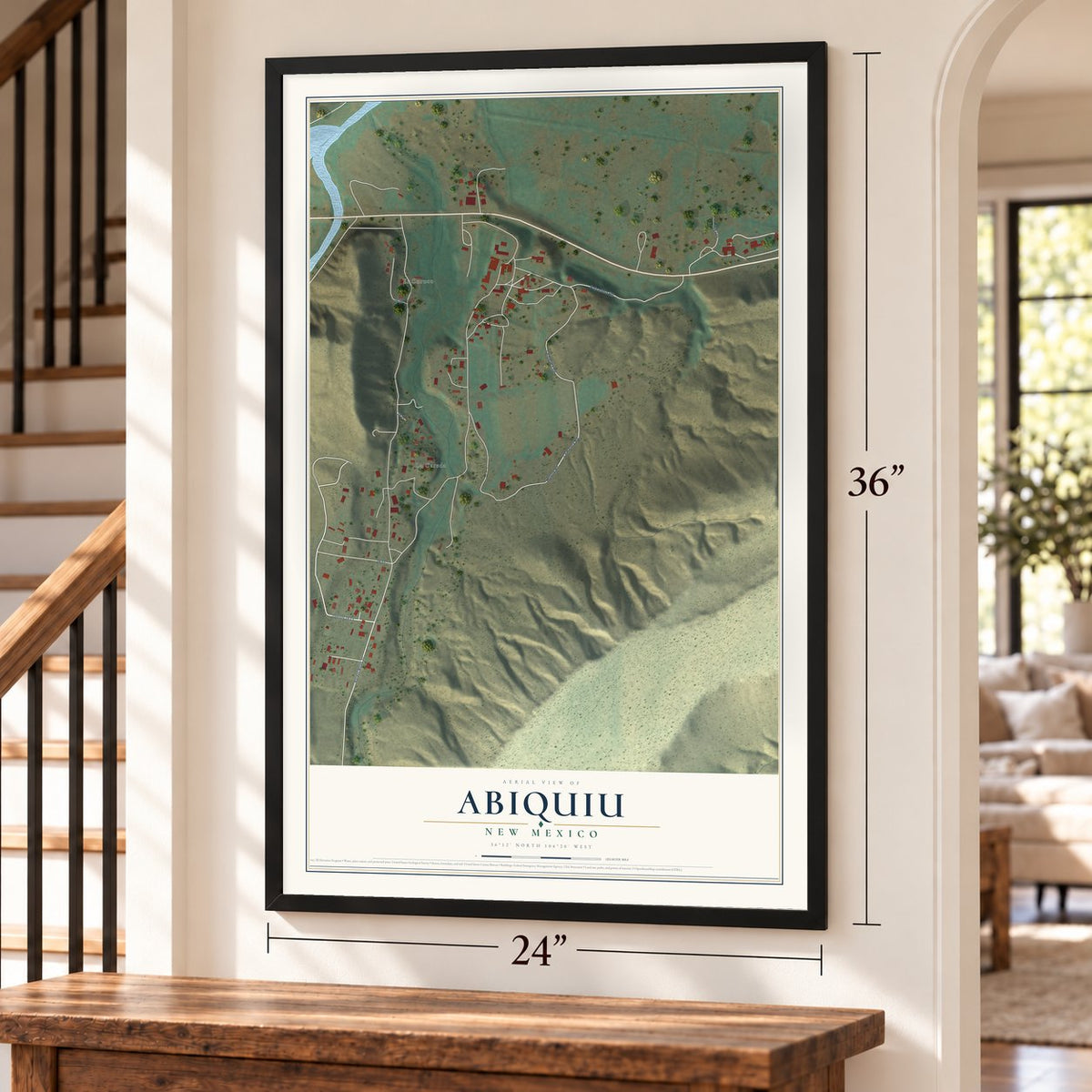 Abiquiu, New Mexico map, 24 x 36 inch print in a black frame by a staircase