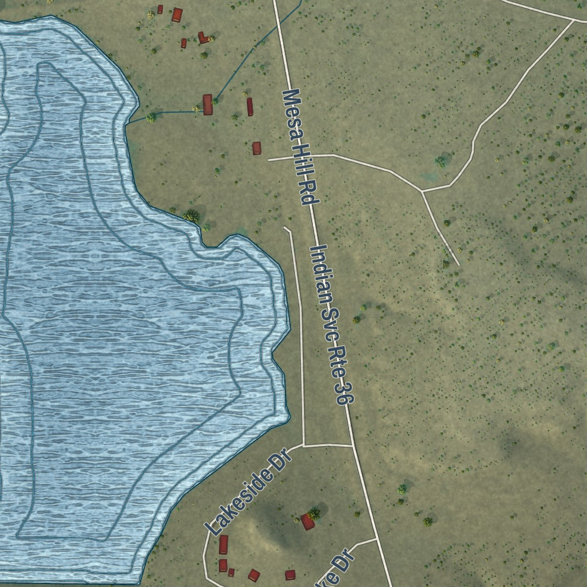 Close-up of the map of Acomita Lake, New Mexico print showing street and building detail