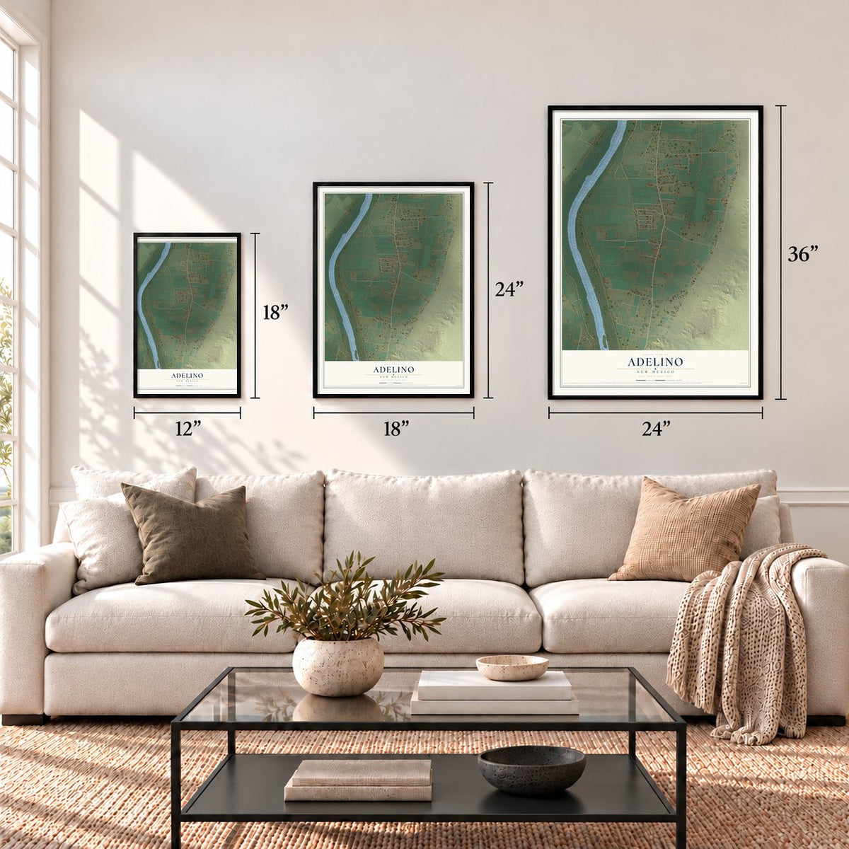 Adelino, New Mexico map in 12 x 18, 18 x 24 and 24 x 36 inch sizes above a sofa