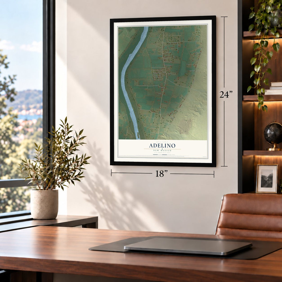 Adelino, New Mexico map, 18 x 24 inch print in a black frame in a home office