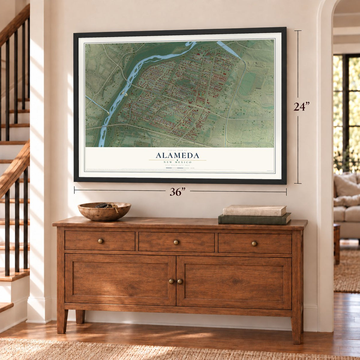 Alameda, New Mexico map, 24 x 36 inch print in a black frame above a dresser by a staircase