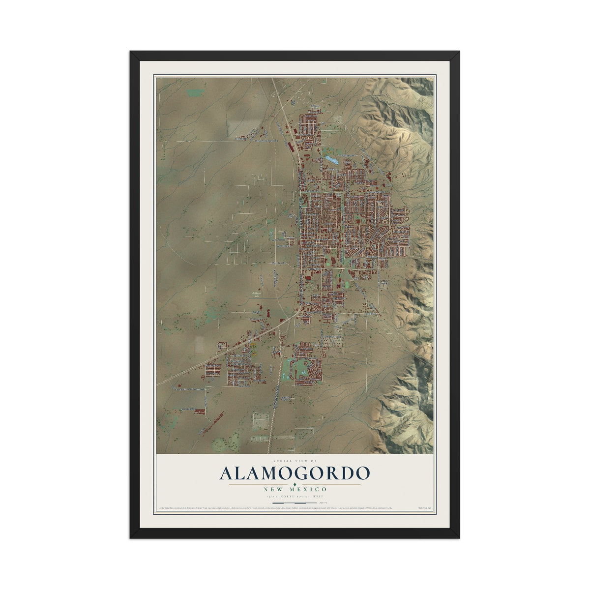Map of Alamogordo, New Mexico, 12 x 18 inch print in a black wood frame