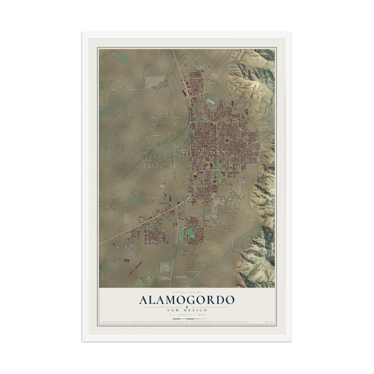 Map of Alamogordo, New Mexico, 12 x 18 inch print in a white wood frame