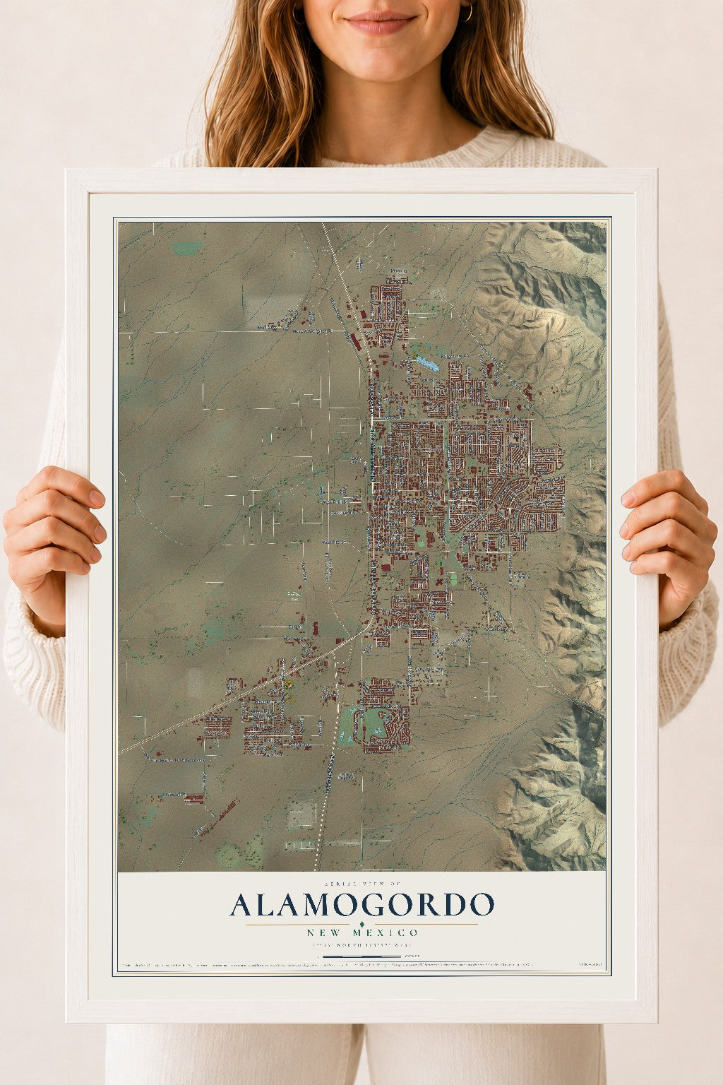 Map of Alamogordo, New Mexico, 18 x 24 inch print in a white wood frame