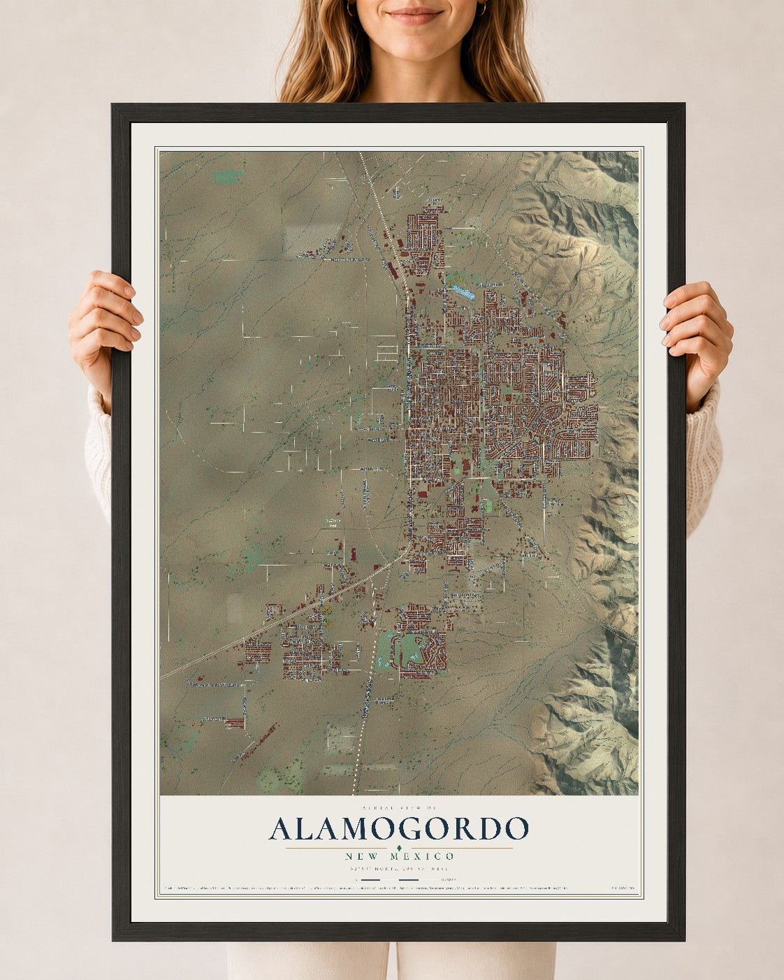 Map of Alamogordo, New Mexico, 24 x 36 inch print in a black wood frame