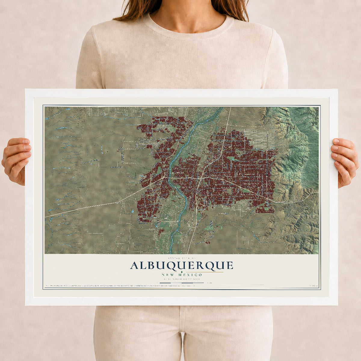 Map of Albuquerque, New Mexico, 12 x 18 inch print in a white wood frame