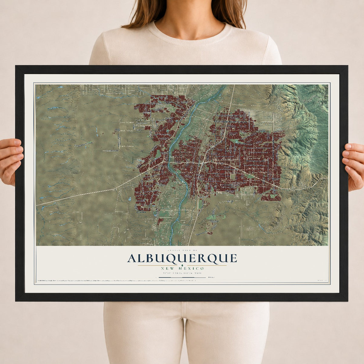 Map of Albuquerque, New Mexico, 18 x 24 inch print in a black wood frame