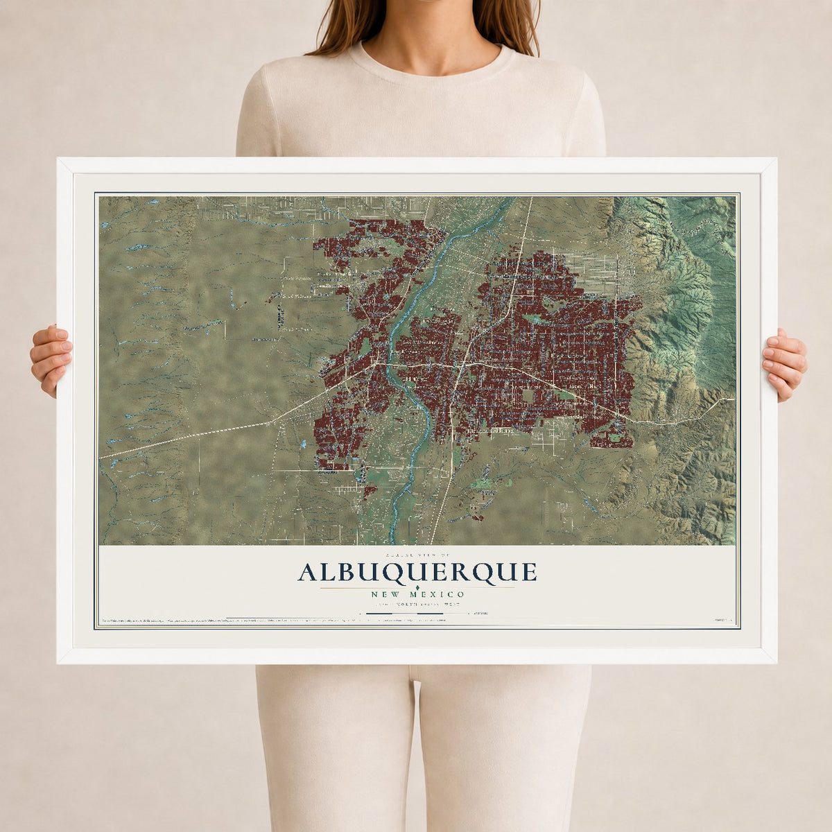 Map of Albuquerque, New Mexico, 24 x 36 inch print in a white wood frame