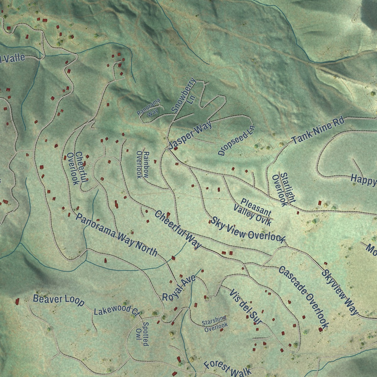 Second close-up of the map of Angel Fire, New Mexico print showing more streets and buildings