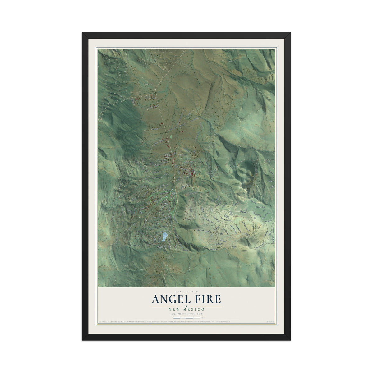 Map of Angel Fire, New Mexico, 12 x 18 inch print in a black wood frame